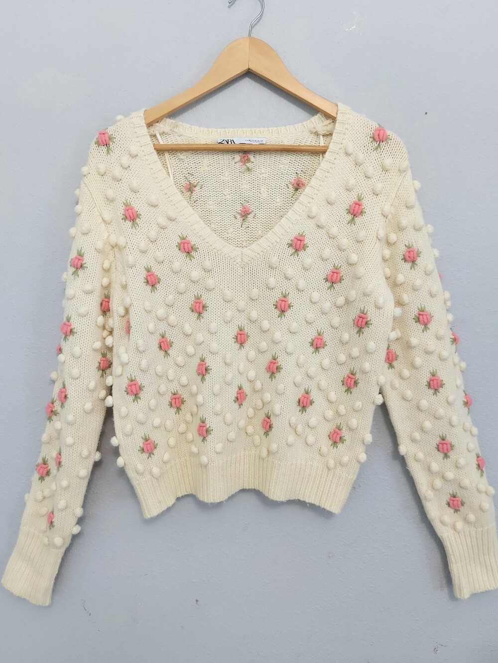Zara Flower And Pompom Texture Cream Sweater Woman Medium Cottagecore